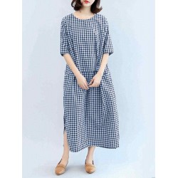 M-5XL Casual Women Black and White Plaid Dress