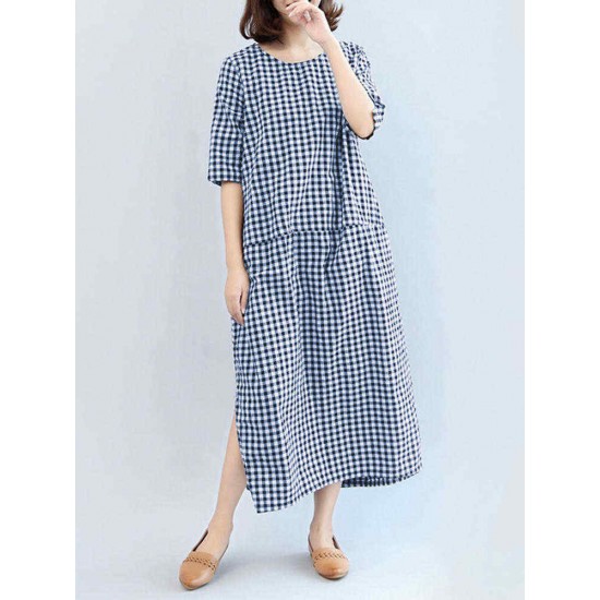 M-5XL Casual Women Black and White Plaid Dress