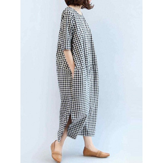 M-5XL Casual Women Black and White Plaid Dress