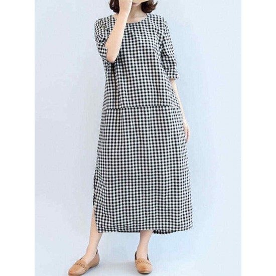 M-5XL Casual Women Black and White Plaid Dress