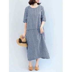 M-5XL Casual Women Black and White Plaid Dress