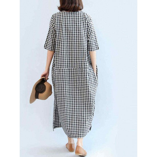 M-5XL Casual Women Black and White Plaid Dress