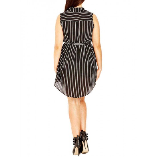 M-5XL Sleeveless Stripe Turn-down Collar Tops Mini Dress