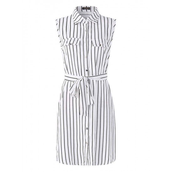 M-5XL Sleeveless Stripe Turn-down Collar Tops Mini Dress