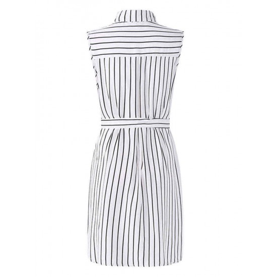 M-5XL Sleeveless Stripe Turn-down Collar Tops Mini Dress