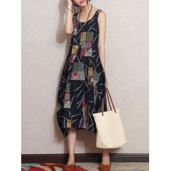 M-5XL Vintage Patchwork Printed Sleeveless Baggy Dress