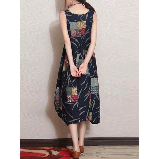 M-5XL Vintage Patchwork Printed Sleeveless Baggy Dress