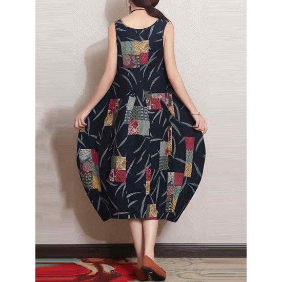 M-5XL Vintage Patchwork Printed Sleeveless Baggy Dress