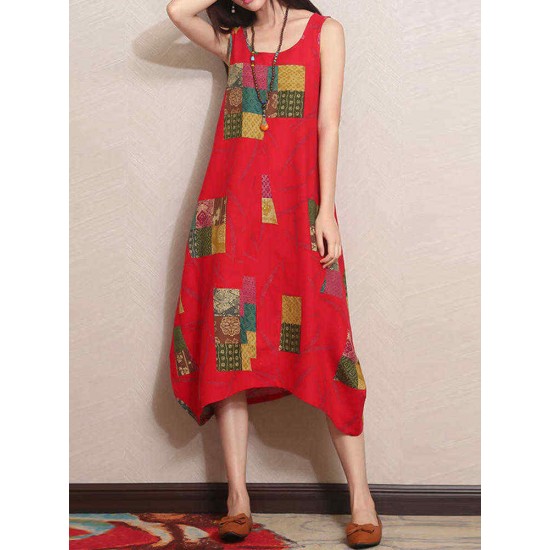 M-5XL Vintage Patchwork Printed Sleeveless Baggy Dress