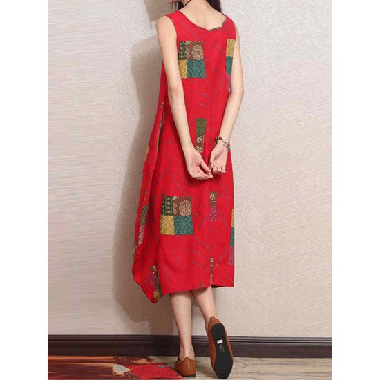 M-5XL Vintage Patchwork Printed Sleeveless Baggy Dress