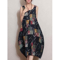 M-5XL Vintage Patchwork Printed Sleeveless Baggy Dress