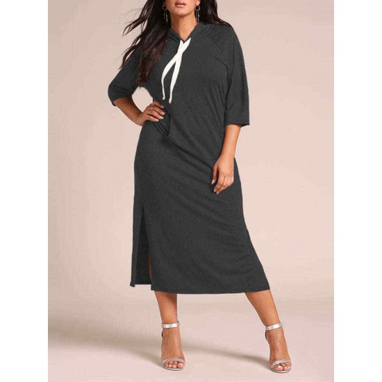 M-5XL Women Casual Side Split Hooded Sweatshirt Dress