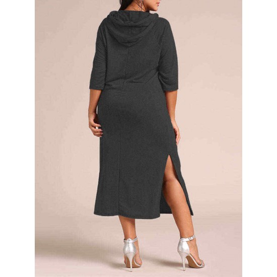 M-5XL Women Casual Side Split Hooded Sweatshirt Dress