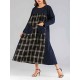 Women O-neck Long Sleeve Plaid Patchwork Dress with Pockets