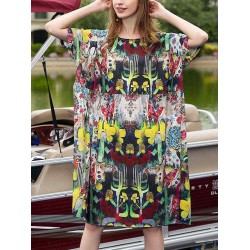 Women O-neck Short Sleeve Floral Print Loose Dress