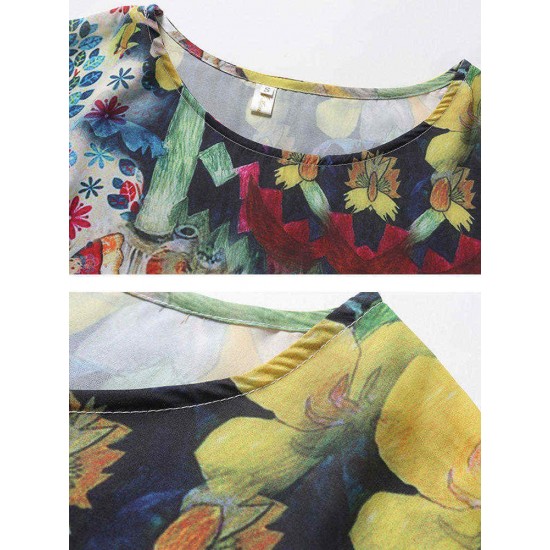 Women O-neck Short Sleeve Floral Print Loose Dress