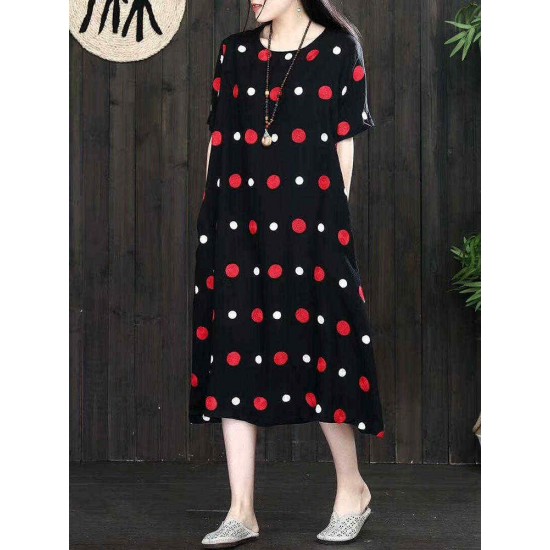 Women Vintage A-line Polka Dot Dress with Pockets