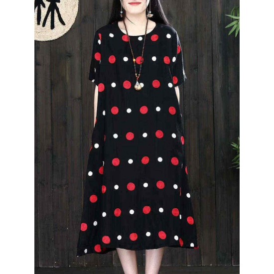 Women Vintage A-line Polka Dot Dress with Pockets