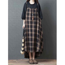 Women Vintage Plaid Straps Pockets High Low Hem Dress