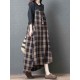 Women Vintage Plaid Straps Pockets High Low Hem Dress