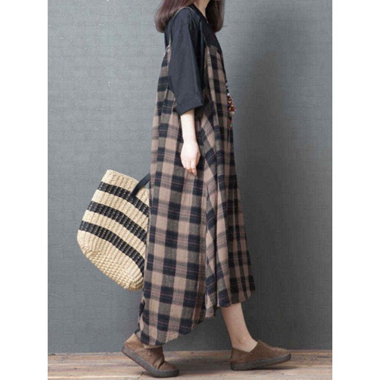 Women Vintage Plaid Straps Pockets High Low Hem Dress