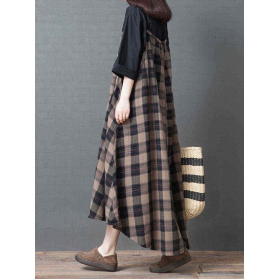 Women Vintage Plaid Straps Pockets High Low Hem Dress