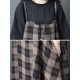 Women Vintage Plaid Straps Pockets High Low Hem Dress