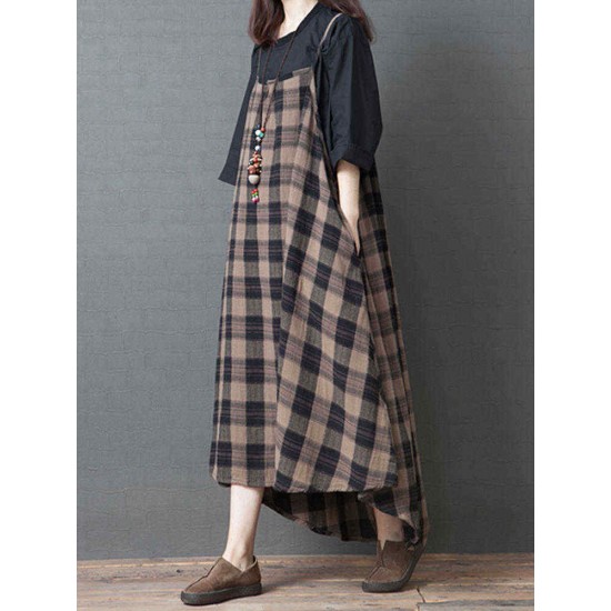 Women Vintage Plaid Straps Pockets High Low Hem Dress