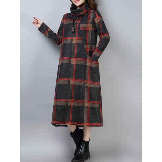 Women Vintage Plaid Turtleneck Long Sleeve Dress with Pocket