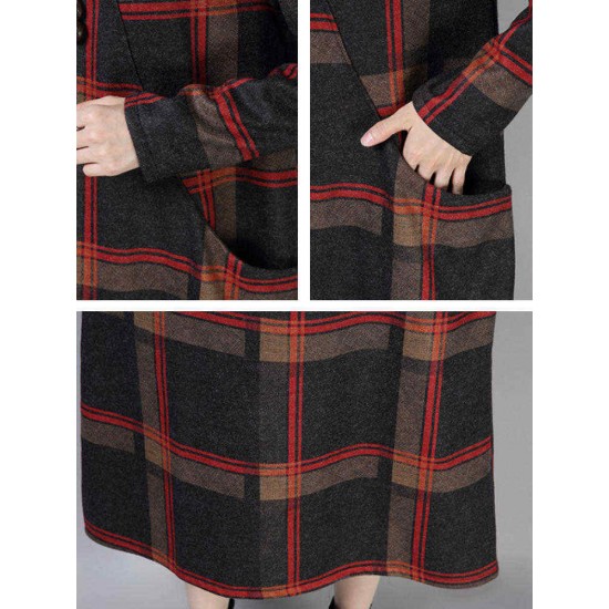 Women Vintage Plaid Turtleneck Long Sleeve Dress with Pocket