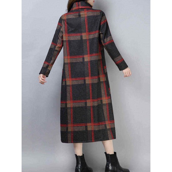 Women Vintage Plaid Turtleneck Long Sleeve Dress with Pocket