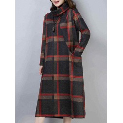 Women Vintage Plaid Turtleneck Long Sleeve Dress with Pocket