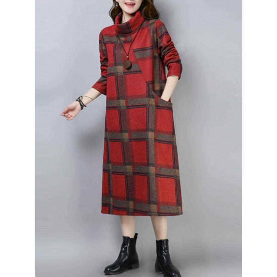 Women Vintage Plaid Turtleneck Long Sleeve Dress with Pocket