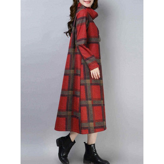 Women Vintage Plaid Turtleneck Long Sleeve Dress with Pocket