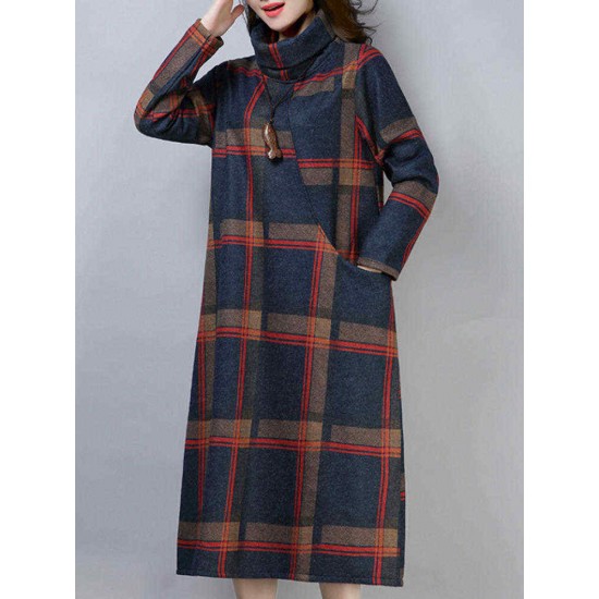 Women Vintage Plaid Turtleneck Long Sleeve Dress with Pocket