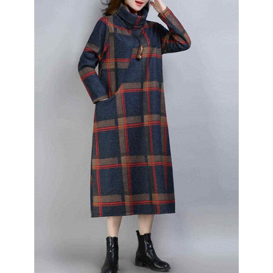 Women Vintage Plaid Turtleneck Long Sleeve Dress with Pocket