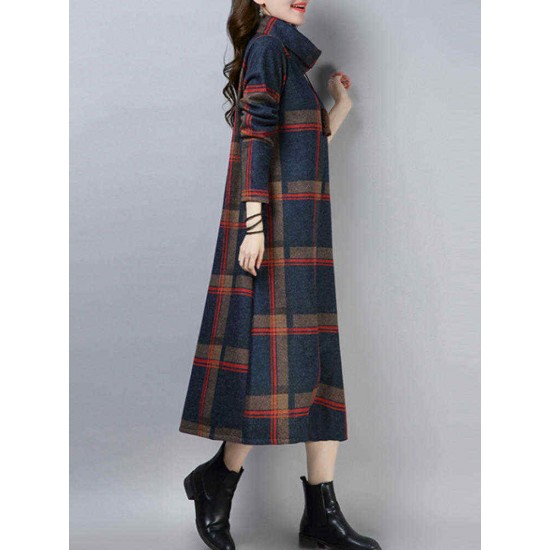 Women Vintage Plaid Turtleneck Long Sleeve Dress with Pocket