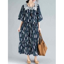 Women Vintage Printed Square Neck Long Dress