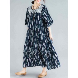 Women Vintage Printed Square Neck Long Dress