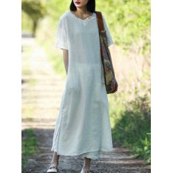 Women Vintage Short Sleeves Cotton Split Maxi Dress