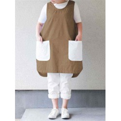 Women Vintage Sleeveless Patchwork Pockets Apron Dress