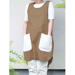 Women Vintage Sleeveless Patchwork Pockets Apron Dress