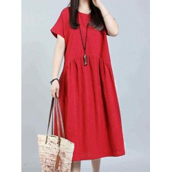 Women Vintage Solid Short Sleeve O-Neck Dress