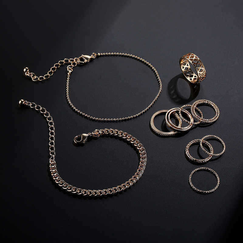 12-Pcs-of-Gold-Plated-Hollow-Rings-Chain-Bracelets-Jewelry-Set-1147152