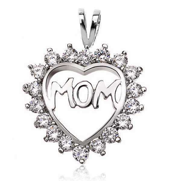 925-Sterling-Silver-Mom-Rhinestone-Hollow-Heart-Necklace-Pendant-973498