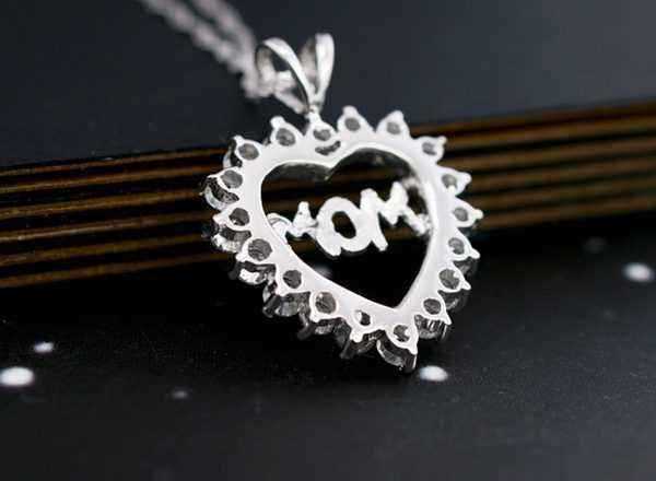 925-Sterling-Silver-Mom-Rhinestone-Hollow-Heart-Necklace-Pendant-973498