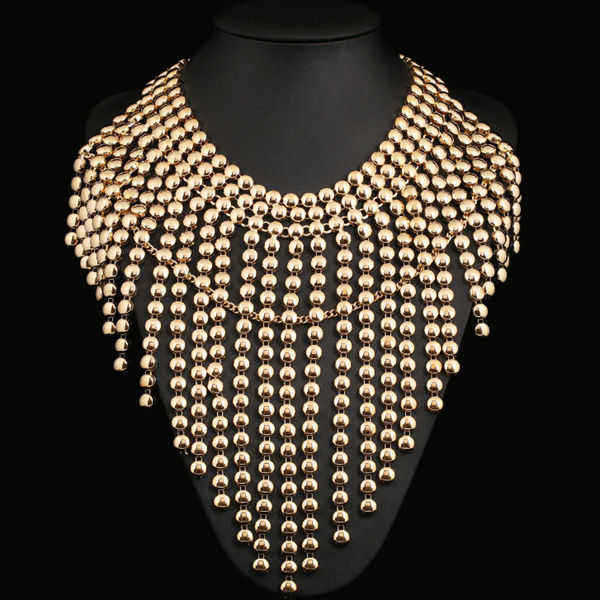 Alloy-Chains-Tassel-Bubble-Statement-Chunky-Necklace-Gold-Plated-975648