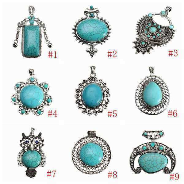 Antique-Silver-Flower-Owl-Turquoise-Charm-Necklace-Pendant-Unisex-992496