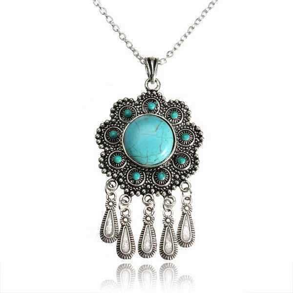 Antique-Silver-Flower-Owl-Turquoise-Charm-Necklace-Pendant-Unisex-992496