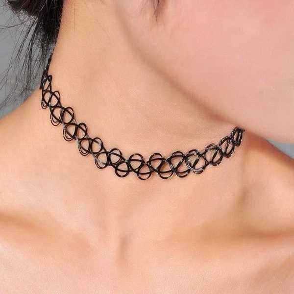 Black-Stretch-Henna-Tattoo-Choker-Collar-Necklace-Vintage-Jewelry-907889